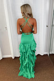 Spaghetti Straps Green Fitted Ruffle Long Party HZ0307