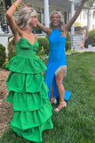 Straps Green Tiered Ruffles Prom HZ0307