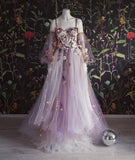 LTP1005,Purple tulle evening dress a-line prom dresses floral formal HZ0307