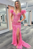 Fur Off the Shoulder Red Lace Mermaid Long Formal HZ0307