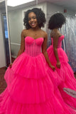 Hot Pink Corset Sweetheart Tiered Ruffles Long Prom HZ0307