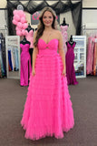 Knotted Hot Pink Tulle Tiered A-line Long HZ0307