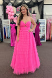 Knotted Hot Pink Tulle Tiered A-line Long HZ0307