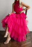 LTP1616,Hot Pink Halter Neck Tulle Tea Length Prom Dresses,A-Line Homecoming HZ0307