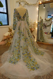 Embroidery Lace V-Neck Ivory Wedding HZ0307
