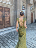 LTP1702, Olivia Green V-Neck Prom Dresses, Silk Satin Open Back Evening Party HZ0307