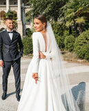 Elegant Ivory Long Sleeves A-Line White Wedding Dresses High Quality Satin Bridal Gown With Sweep HZ0307