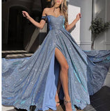 LTP1253,Sparkle Blue Off The Shoulder A-Line Prom Evening Dresses,Long Prom HZ0307