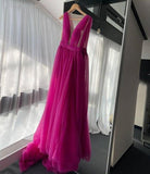 LTP1207,Sexy Deep V-Neck Tulle Prom Dresses,A-Line Hot Pink Evening Formal HZ0307
