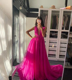 LTP1207,Sexy Deep V-Neck Tulle Prom Dresses,A-Line Hot Pink Evening Formal HZ0307