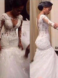 LTP1212,V-neck Floor-Length Long Lace Trumpet/Mermaid Sleeves Tulle Wedding HZ0307