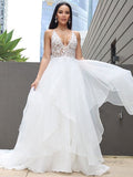 LTP1207,Ruffles Sweep/Brush A-Line/Princess V-neck Sleeveless Lace Train Wedding HZ0307