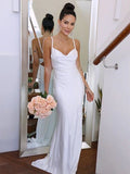 LTP1214,Sweep/Brush Charmeuse Sheath/Column Straps Spaghetti Ruched Sleeveless Train Wedding HZ0307