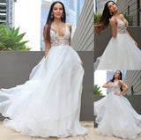 LTP1207,Ruffles Sweep/Brush A-Line/Princess V-neck Sleeveless Lace Train Wedding HZ0307