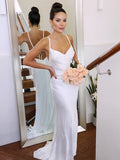 LTP1214,Sweep/Brush Charmeuse Sheath/Column Straps Spaghetti Ruched Sleeveless Train Wedding HZ0307