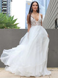 LTP1207,Ruffles Sweep/Brush A-Line/Princess V-neck Sleeveless Lace Train Wedding HZ0307
