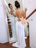 LTP1214,Sweep/Brush Charmeuse Sheath/Column Straps Spaghetti Ruched Sleeveless Train Wedding HZ0307