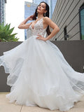 LTP1207,Ruffles Sweep/Brush A-Line/Princess V-neck Sleeveless Lace Train Wedding HZ0307