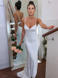 LTP1214,Sweep/Brush Charmeuse Sheath/Column Straps Spaghetti Ruched Sleeveless Train Wedding HZ0307