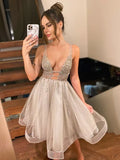 LTP1370,A-Line/Princess V-neck Tulle Sleeveless Beading Short/Mini Homecoming HZ0307