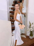 LTP1214,Sweep/Brush Charmeuse Sheath/Column Straps Spaghetti Ruched Sleeveless Train Wedding HZ0307
