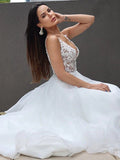LTP1207,Ruffles Sweep/Brush A-Line/Princess V-neck Sleeveless Lace Train Wedding HZ0307