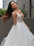 LTP1207,Ruffles Sweep/Brush A-Line/Princess V-neck Sleeveless Lace Train Wedding HZ0307