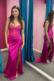 Fuchsia Lace and Satin Ruched Mermaid Prom HZ0307