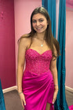 Fuchsia Lace and Satin Ruched Mermaid Prom HZ0307