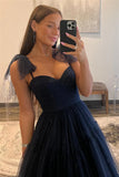 Navy Blue Dots A-Line Tulle Prom Evening HZ0307