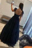 Navy Blue Dots A-Line Tulle Prom Evening HZ0307