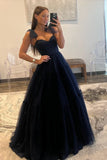 Navy Blue Dots A-Line Tulle Prom Evening HZ0307