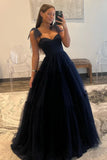 Navy Blue Dots A-Line Tulle Prom Evening HZ0307