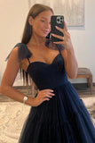 Navy Blue Dots A-Line Tulle Prom Evening HZ0307