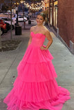 Hot Pink Corset Sweetheart Tiered Ruffles Long Prom HZ0307
