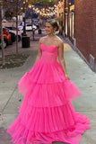 Hot Pink Corset Sweetheart Tiered Ruffles Long Prom HZ0307