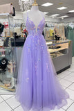 Straps Lavender Embroidery Tulle A-line Long Prom HZ0307