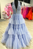 Halter Pink Appliques and Tulle Tiered Formal HZ0307