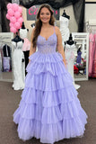Straps Blue Appliques Tiered Ruffle Long Formal HZ0307
