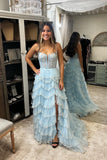 Straps Pink Appliques and Tulle Ruffles Prom HZ0307