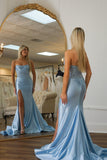 Strapless Royal Blue Appliques Satin Mermaid Long Formal HZ0307