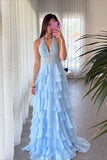 Halter Red Lace Appliques Chiffon Ruffle Prom HZ0307