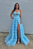 Straps Light Purple Tulle Ruffle A-line Long Prom HZ0307