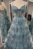 Straps Blue Sequin Tulle Ruffles Formal HZ0307