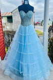 Beaded Fuchsia Tulle Ruffles Long Prom HZ0307