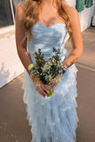 Sweetheart Light Blue Tulle Ruffle Long Prom HZ0307