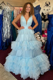 Light Blue V Neck Ruffles A-line Long HZ0307