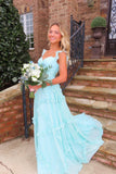 Straps Light Blue Chiffon Ruffles Long HZ0307