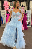 Light Blue Corset Tulle Tiered Ruffles A-line Long Prom HZ0307