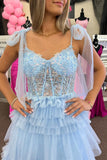 Light Blue Corset Tulle Tiered Ruffles A-line Long Prom HZ0307